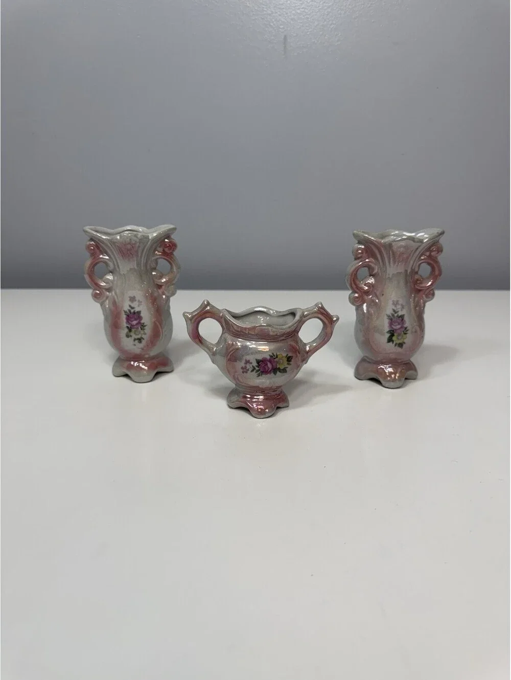 VTG Lusterware Floral Bud Vases Iridescent Pink Finish, Footed Handles Set Of 3
